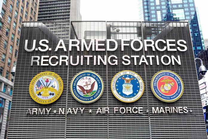 U.S. Armed Forces recruiting station facade with service emblems