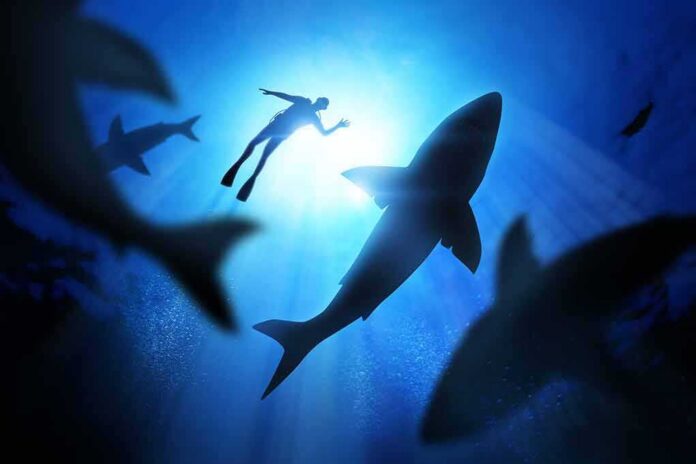 shutterstock_213109372 Diver surrounded by sharks in deep blue water