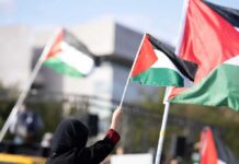 Viral Clip Sparks Fight Over Antisemitism Person waving a Palestinian flag at a rally