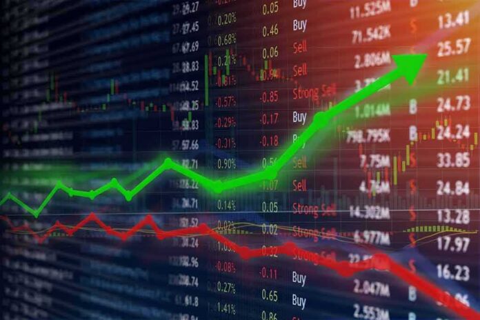 Stock market chart with green upward arrow and red downward line