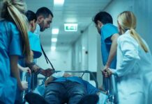 Medical team rushing patient on a gurney through hospital corridor