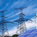 Power lines with wind turbine and solar panels