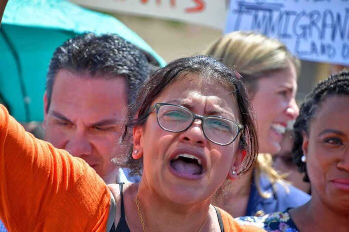 Rashida Tlaib speaking at a rally with Pete Aguilar and Ayanna Pressley in the crowd