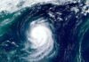 Satellite view of a powerful hurricane swirling over the ocean