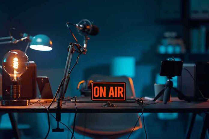 podcast studio desk with on air sign and microphones