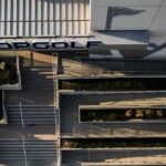 Top-down view of Topgolf entrance with ramps and stairs
