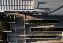 Top-down view of Topgolf entrance with ramps and stairs