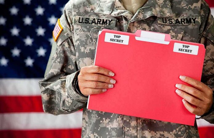 shutterstock_177221078 Soldier holding a red folder labeled top secret