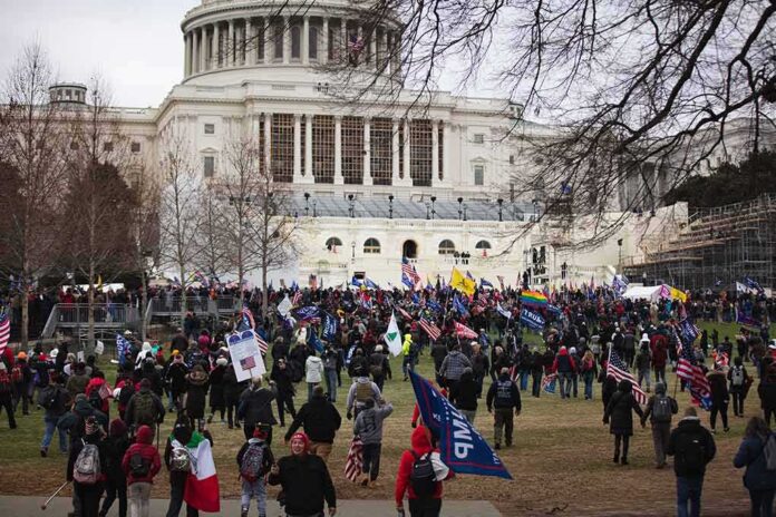 Crowd gathered outside a large domed government building