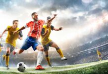 Brutal Blow Ignites: NFL Hit Sparks Debate Soccer player in red jersey kicking ball during match
