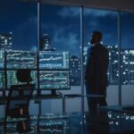 Foreign Money Trail Inside Trump’s Crypto Empire Trader in a dark office with multiple stock monitors and city skyline at night