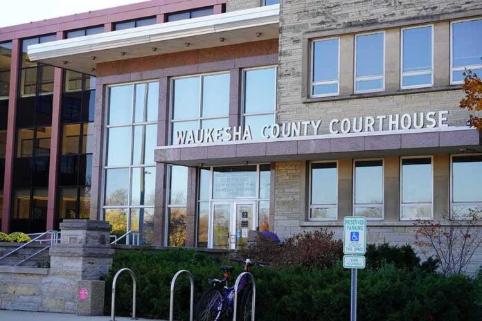shutterstock_2220012853 Waukesha County Courthouse entrance with glass facade and signage