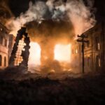 Street with burning buildings and heavy smoke at night