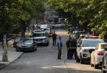 Washington Park Shooting Leaves 1 Dead and 14 Wounded Police officers secure a residential street with patrol cars and yellow tape