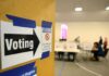 Seven Arrests, Hundreds Misflagged For Illegal Voting Voting sign on door leading to polling place