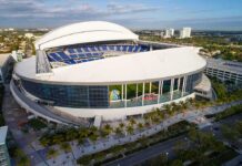Baseball stadium with retractable roof partially open