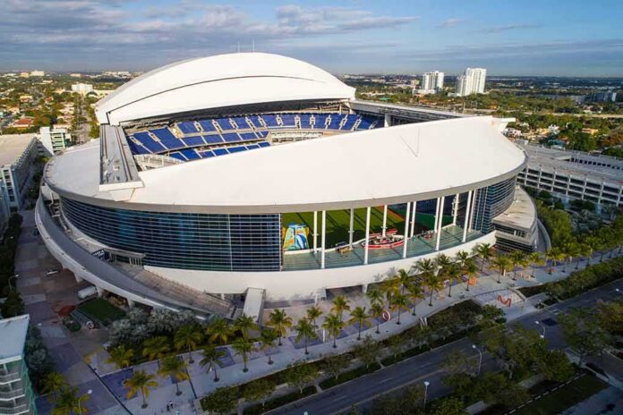 Baseball stadium with retractable roof partially open