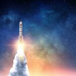 Rocket launching into starry night sky