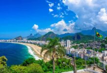 Copacabana Beach coastline with city skyline and mountains