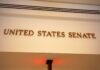 Republican Senator Publishes Profane Texts to Trump Sign displaying United States Senate in a government building