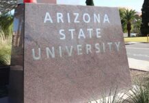 Arizona State University stone sign at campus entrance