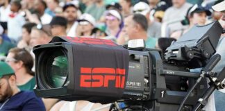 Broadcast television camera at a sports event