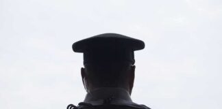 security officer seen from behind wearing cap and earpiece