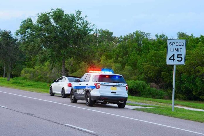 shutterstock_738975676 Police SUV with lights on behind a white car on roadside near 45 mph sign